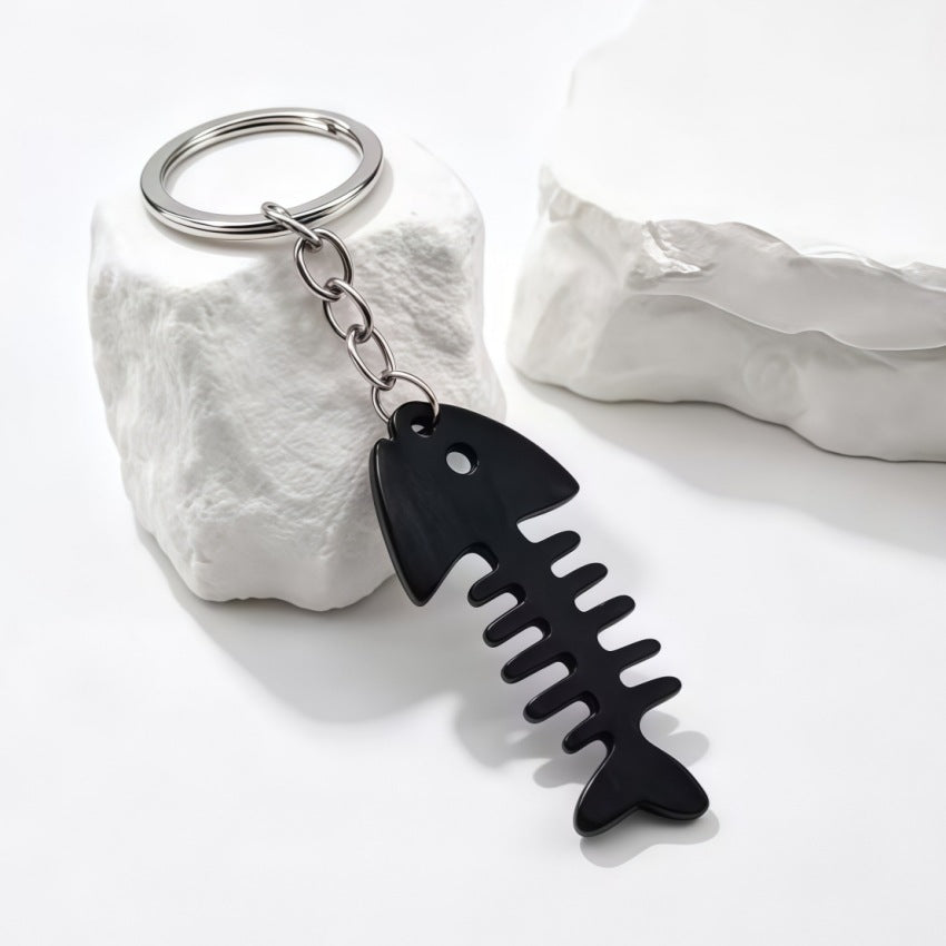 Wooden Fish Skeleton Keychain Bag Charm - Black