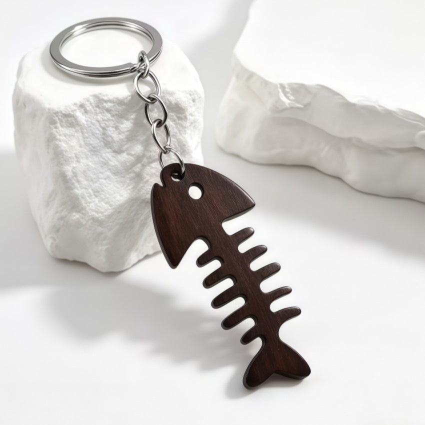 Wooden Fish Skeleton Keychain Bag Charm - Brown