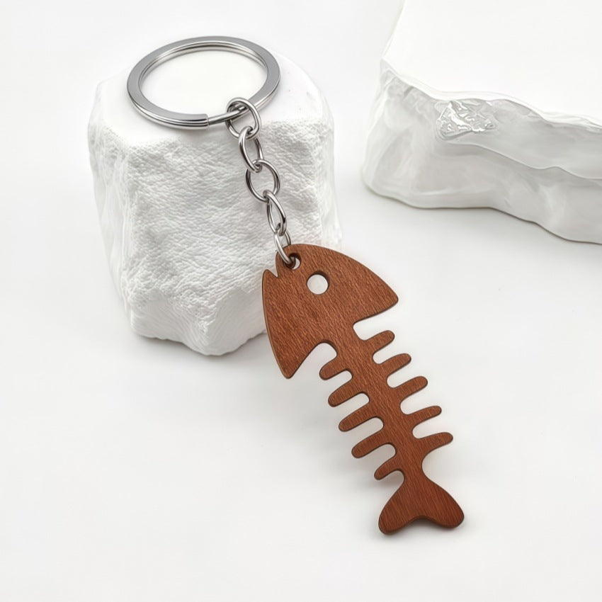 Wooden Fish Skeleton Keychain Bag Charm - Coffee