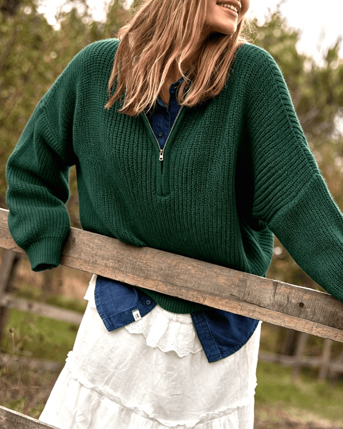 Quarter Zip Chunky Rib Knit Sweater Drop Shoulder - Green