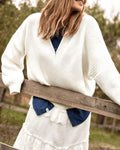 Quarter Zip Chunky Rib Knit Sweater Drop Shoulder - White