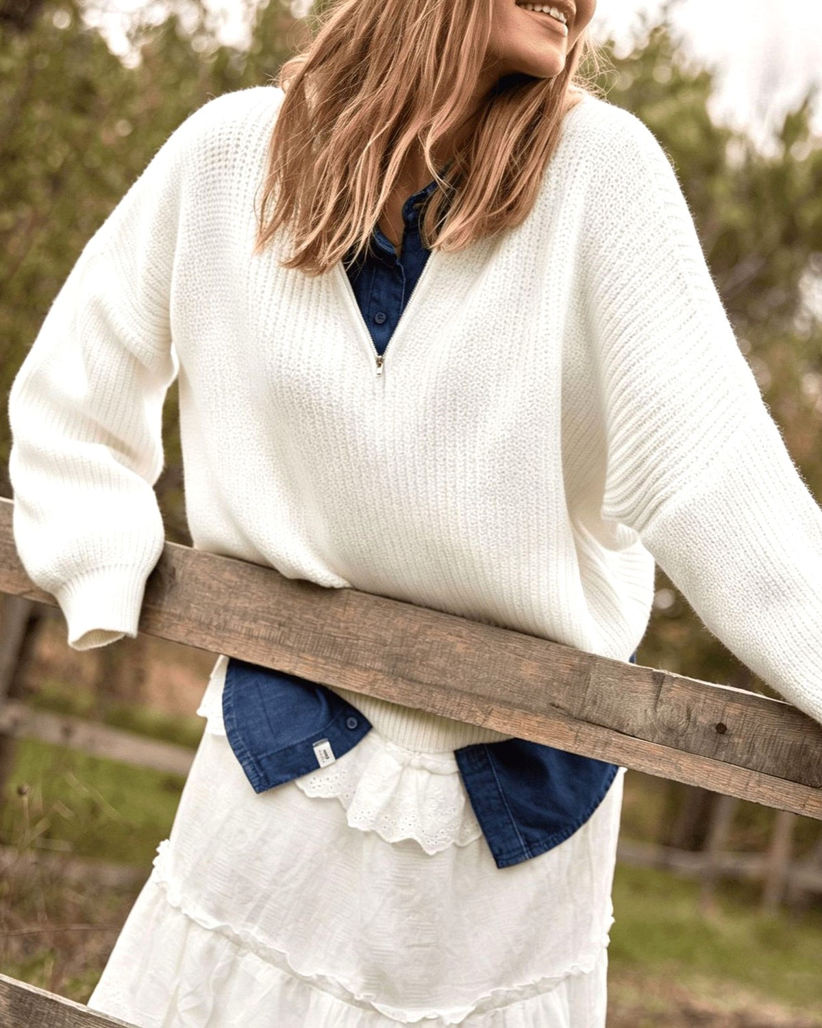 Quarter Zip Chunky Rib Knit Sweater Drop Shoulder - White