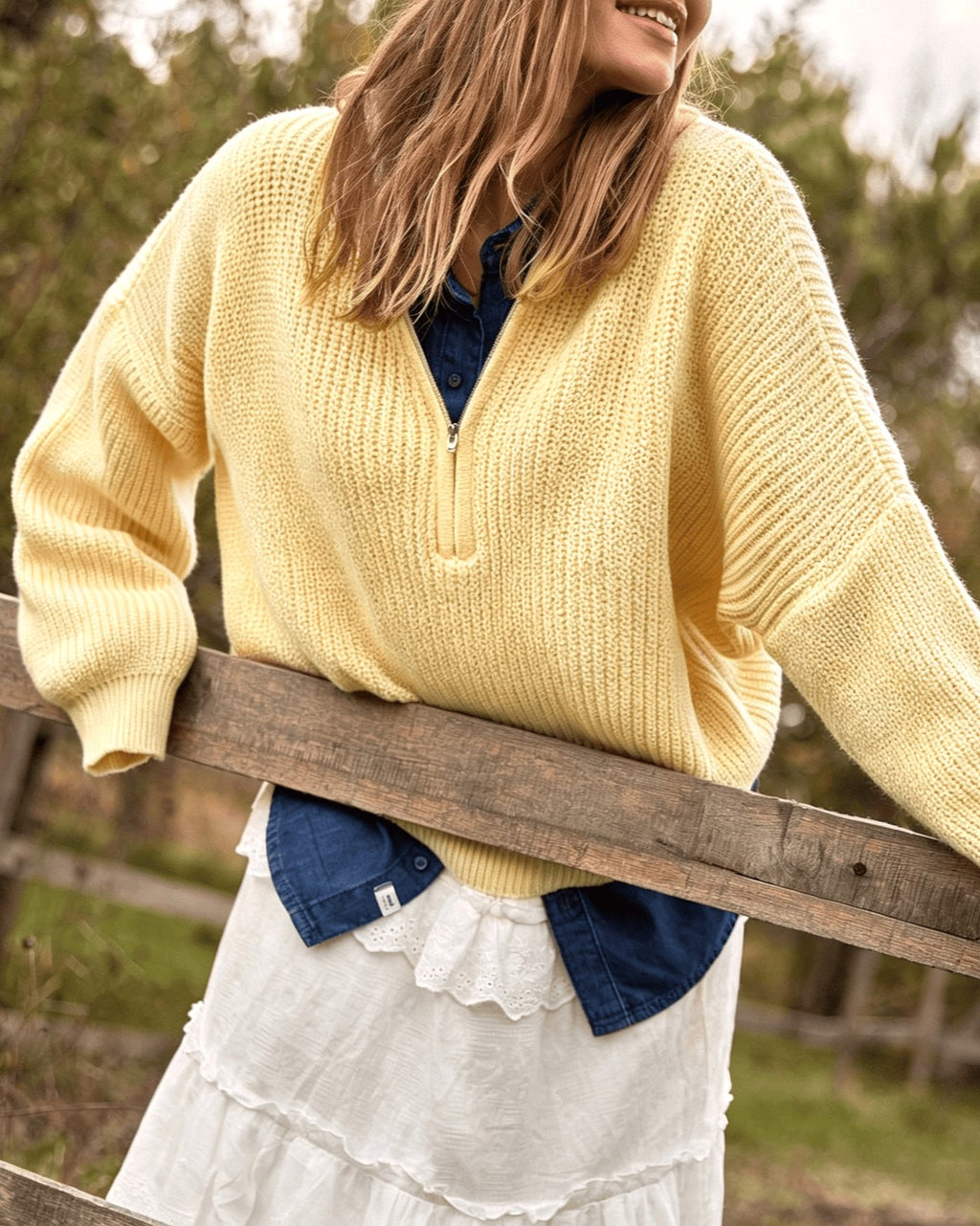Quarter Zip Chunky Rib Knit Sweater Drop Shoulder - Yellow