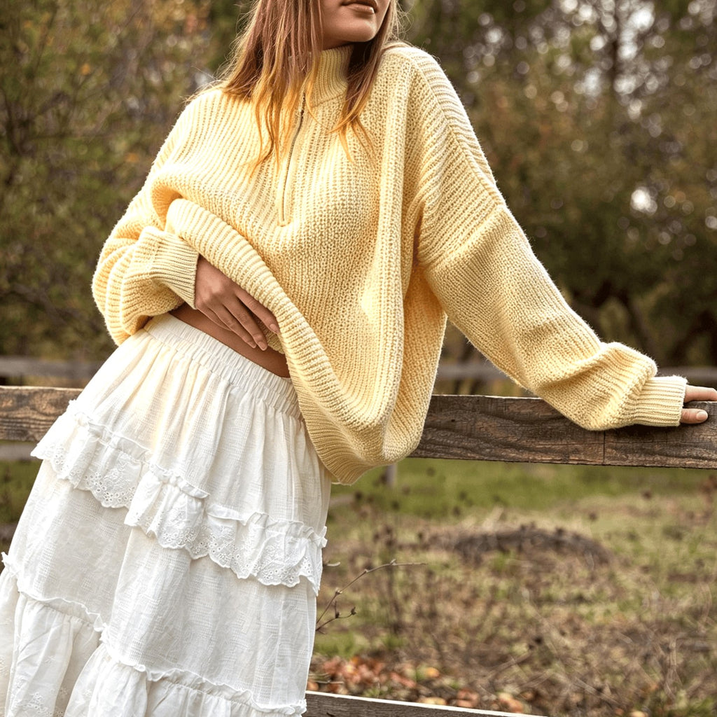 Quarter Zip Chunky Rib Knit Sweater Drop Shoulder - Yellow - 1