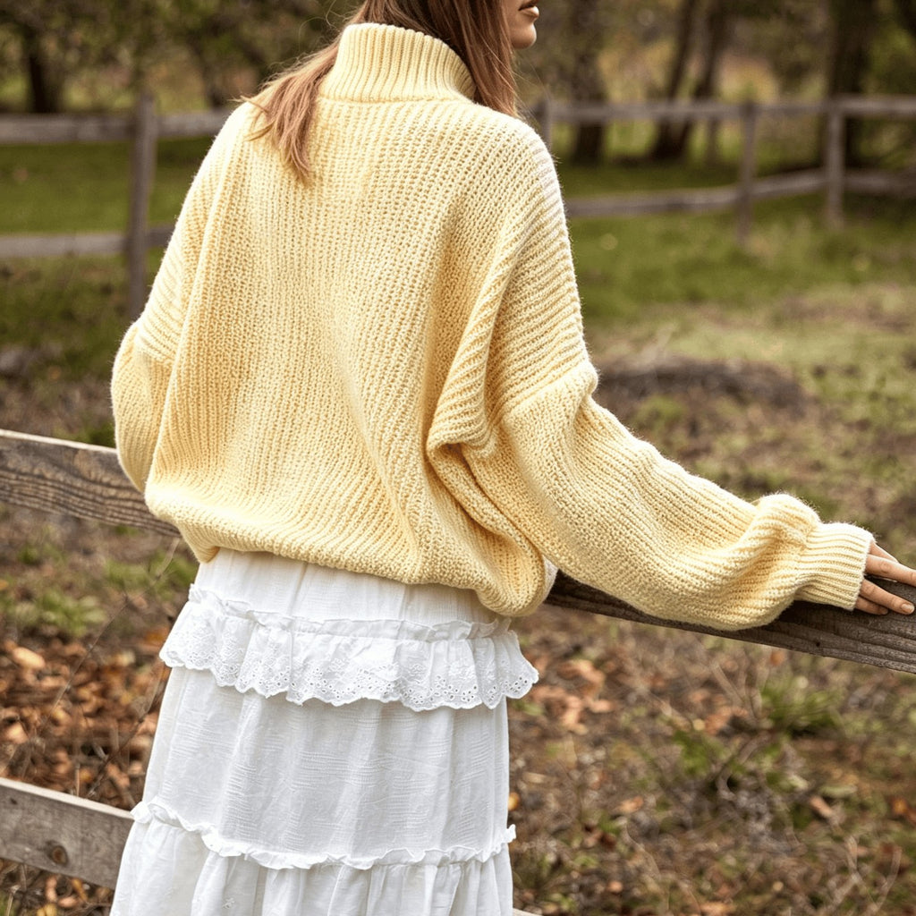 Quarter Zip Chunky Rib Knit Sweater Drop Shoulder - Yellow - 2