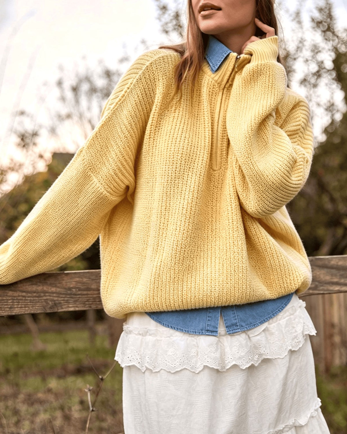 Quarter Zip Chunky Rib Knit Sweater Drop Shoulder - Yellow - 3