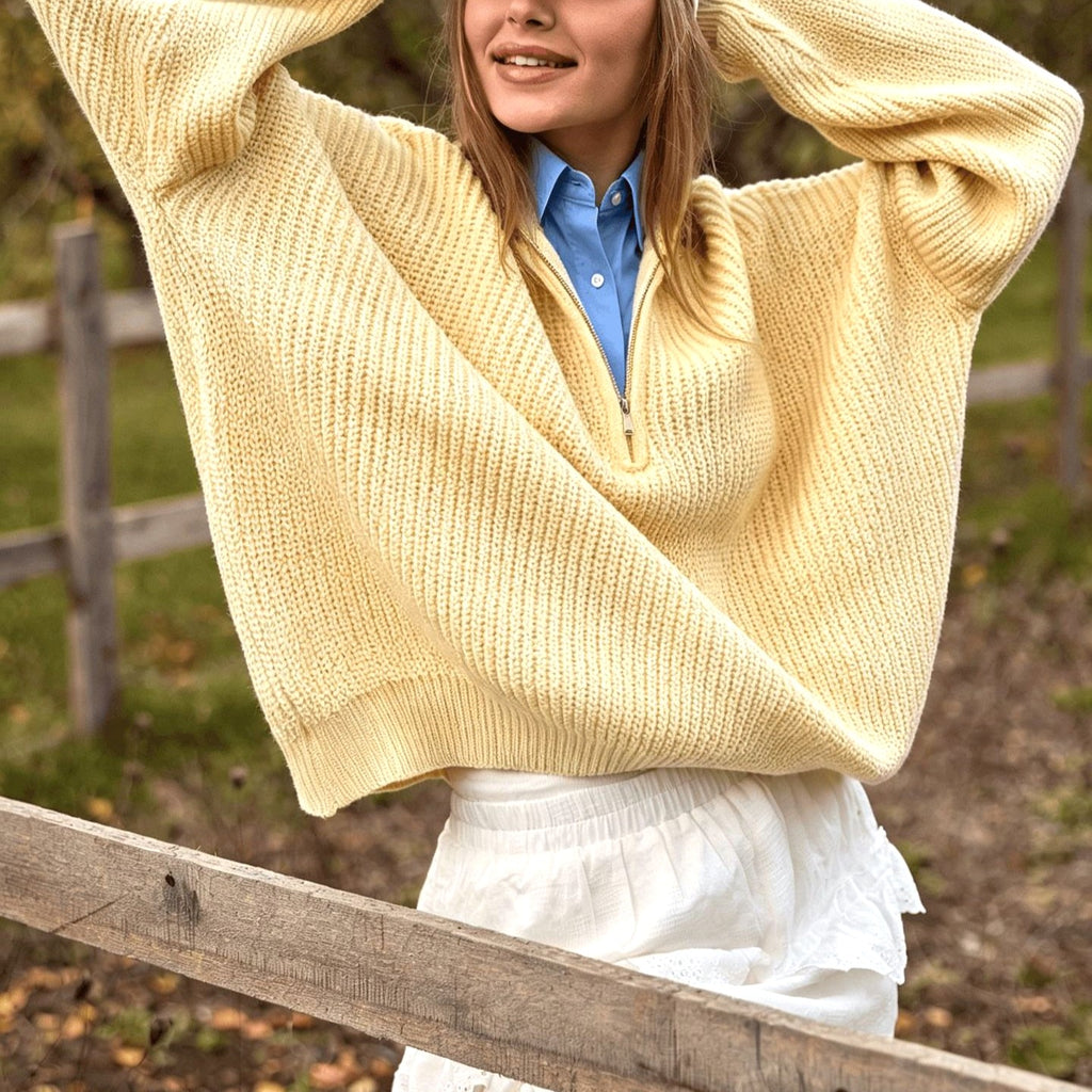 Quarter Zip Chunky Rib Knit Sweater Drop Shoulder - Yellow - 4