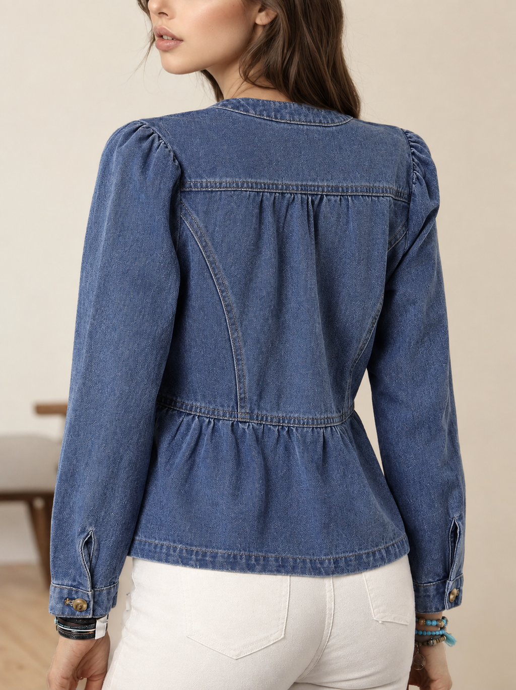 Collarless Peplum Denim Jacket With Puff Shoulders - Blue - 1