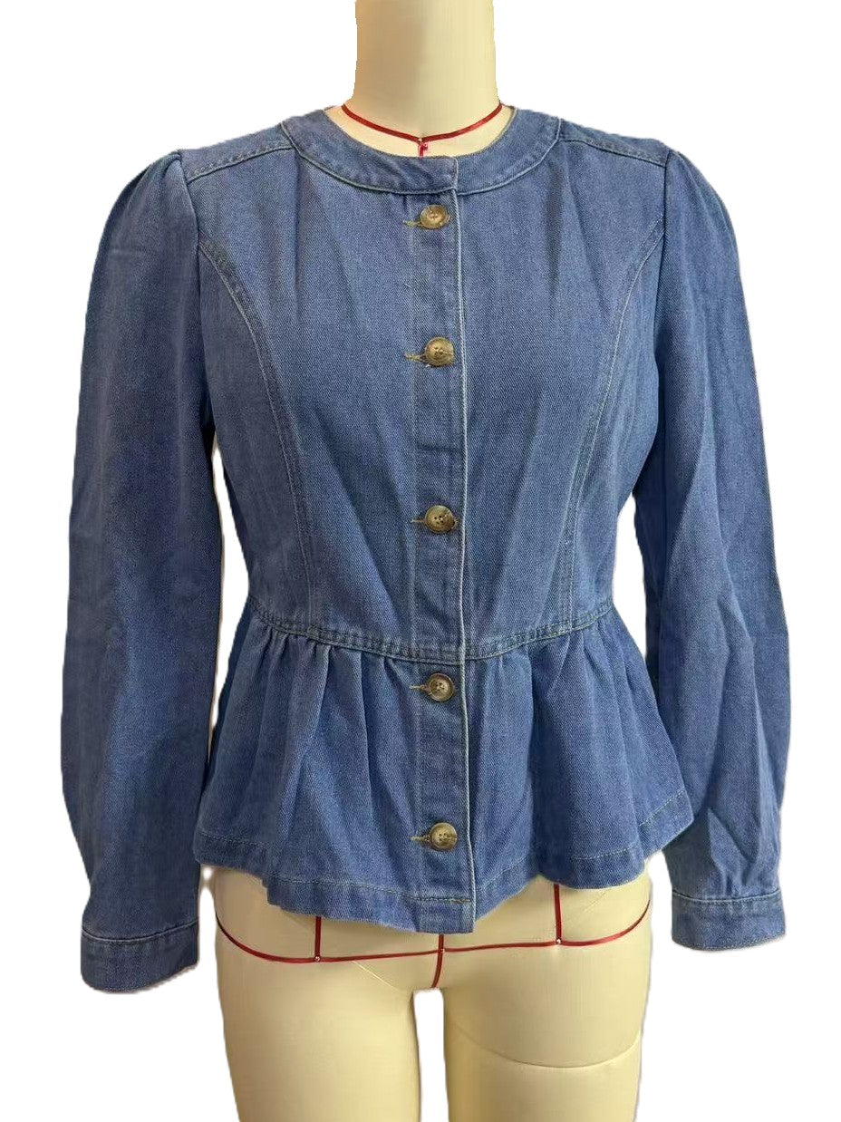 Collarless Peplum Denim Jacket With Puff Shoulders - Blue - 2