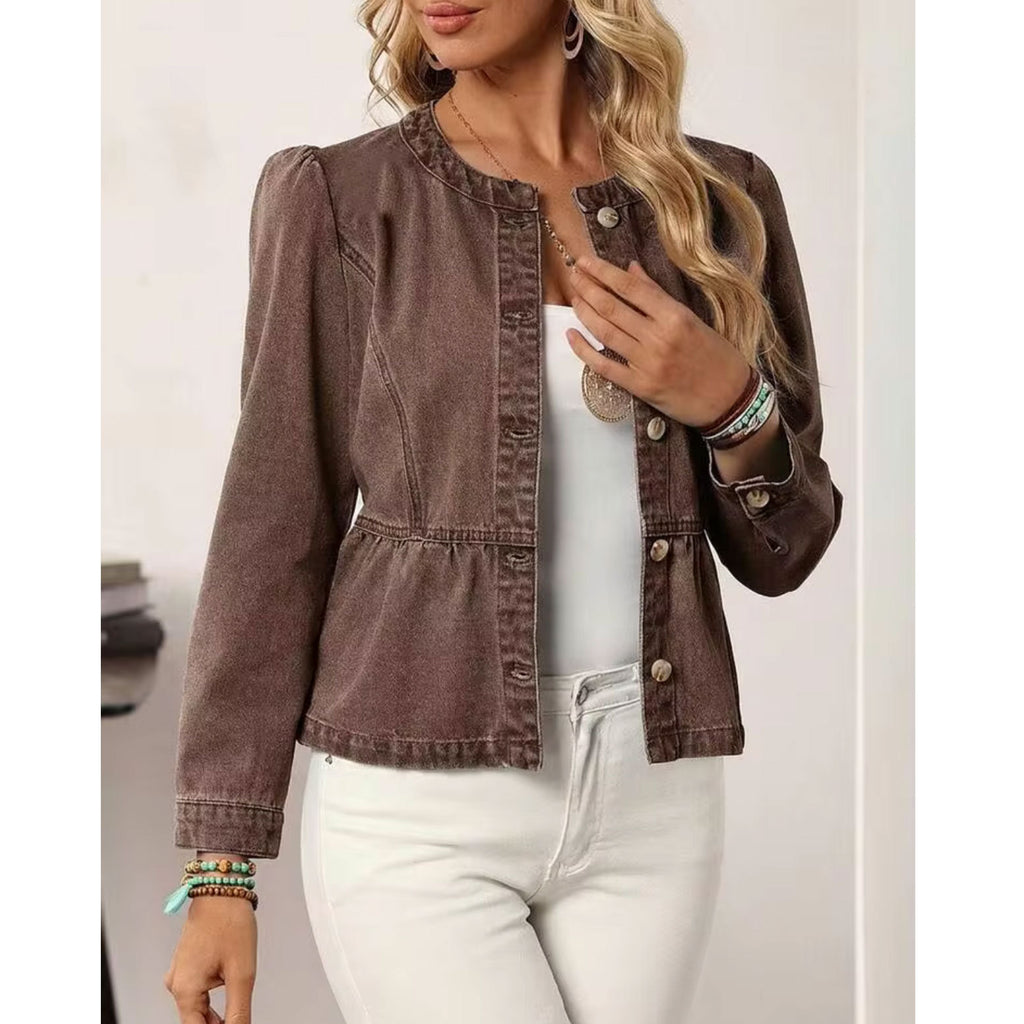 Collarless Peplum Denim Jacket With Puff Shoulders - Coffee - 1