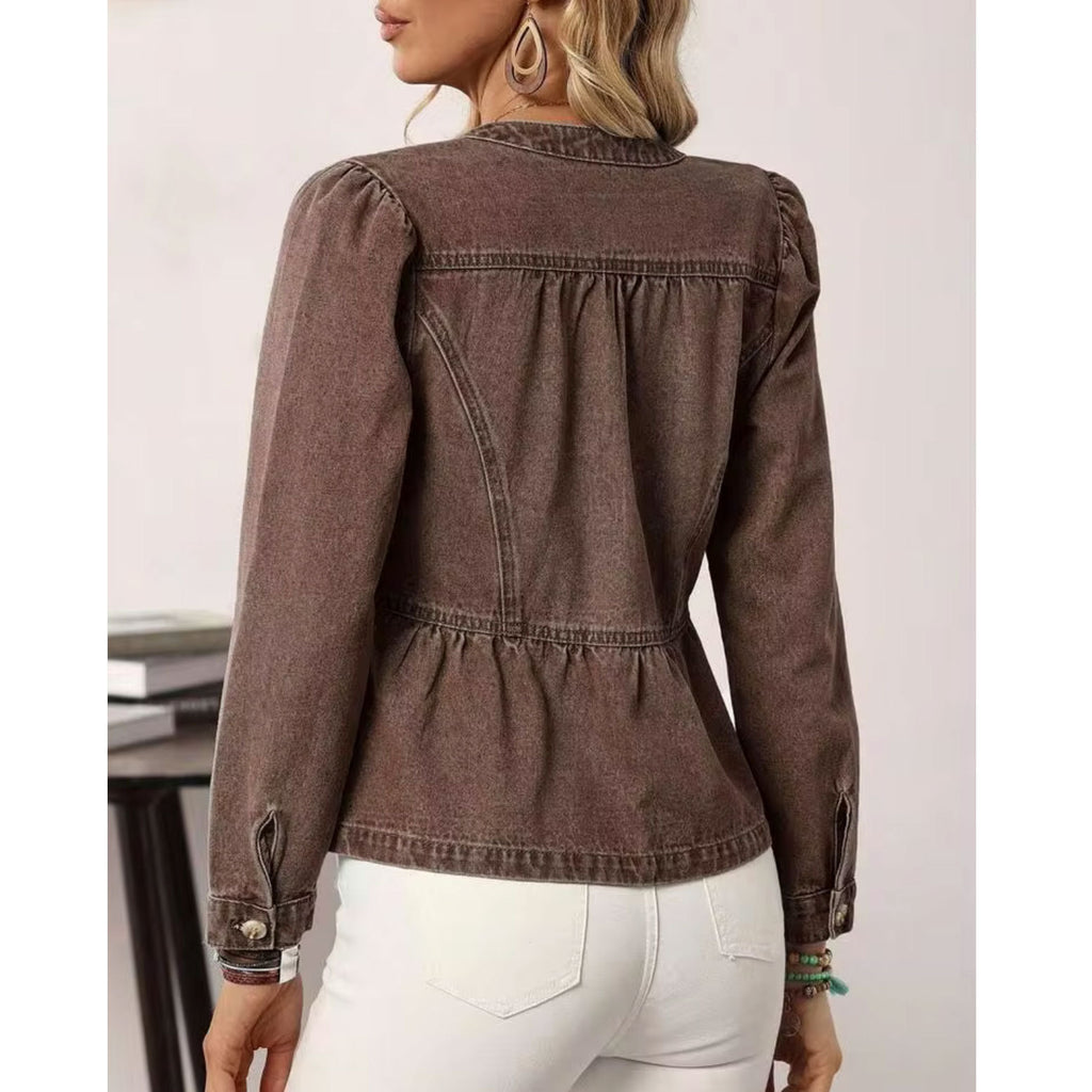 Collarless Peplum Denim Jacket With Puff Shoulders - Coffee - 2