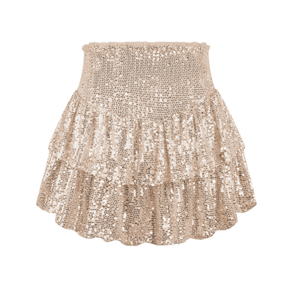 Sequin Tiered Ruffle Cheerleader Mini Skirt - Beige - 1