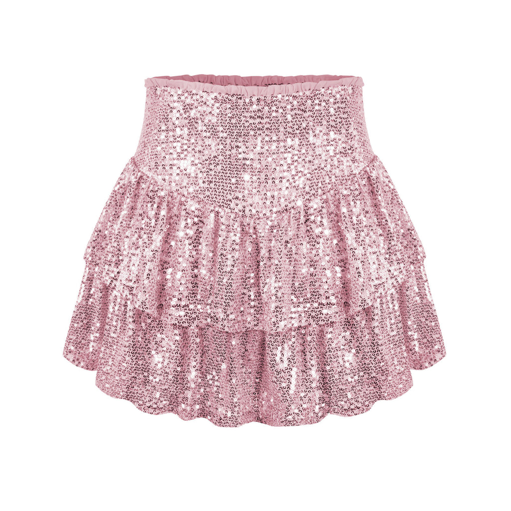 Sequin Tiered Ruffle Cheerleader Mini Skirt - Pink