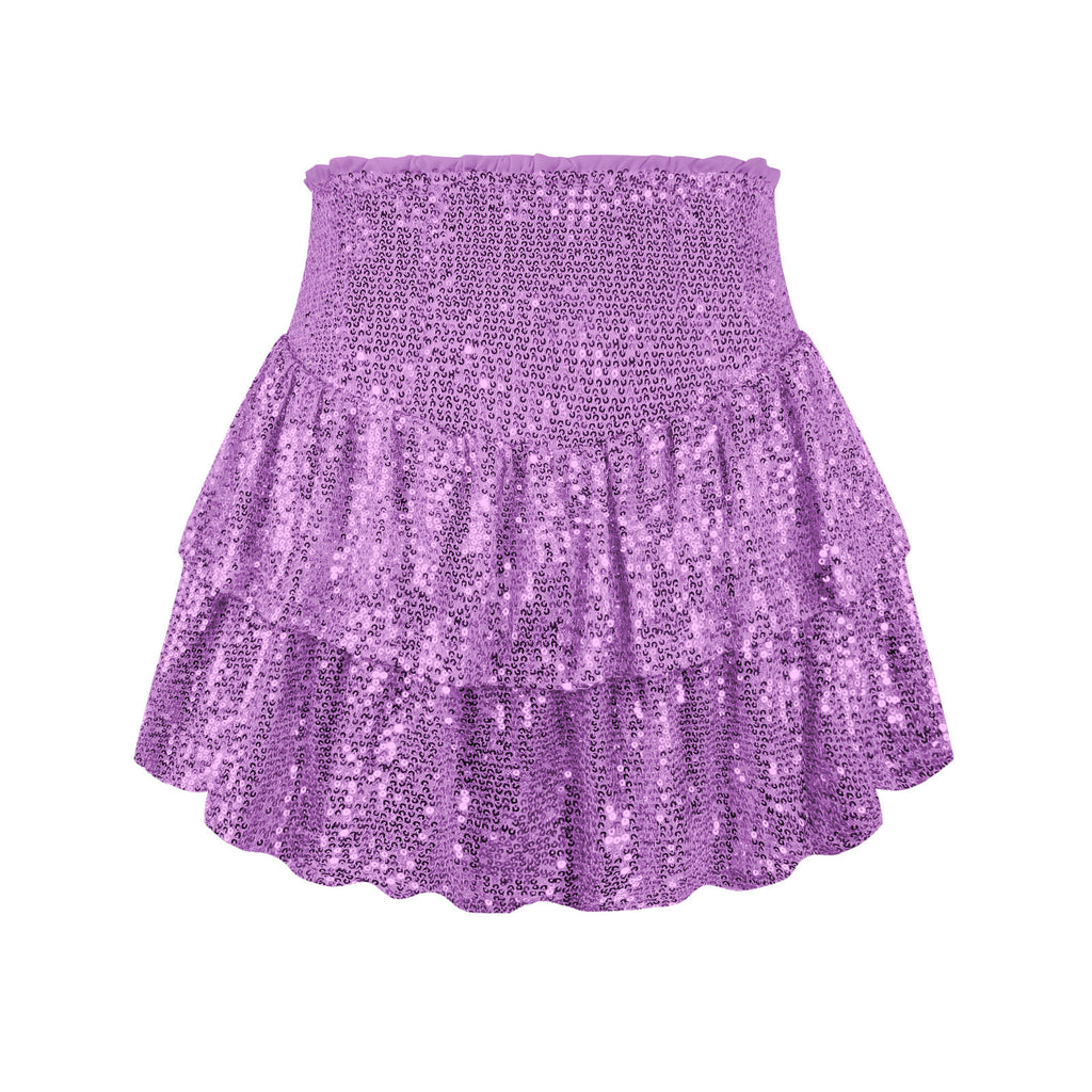 Sequin Tiered Ruffle Cheerleader Mini Skirt - Purple