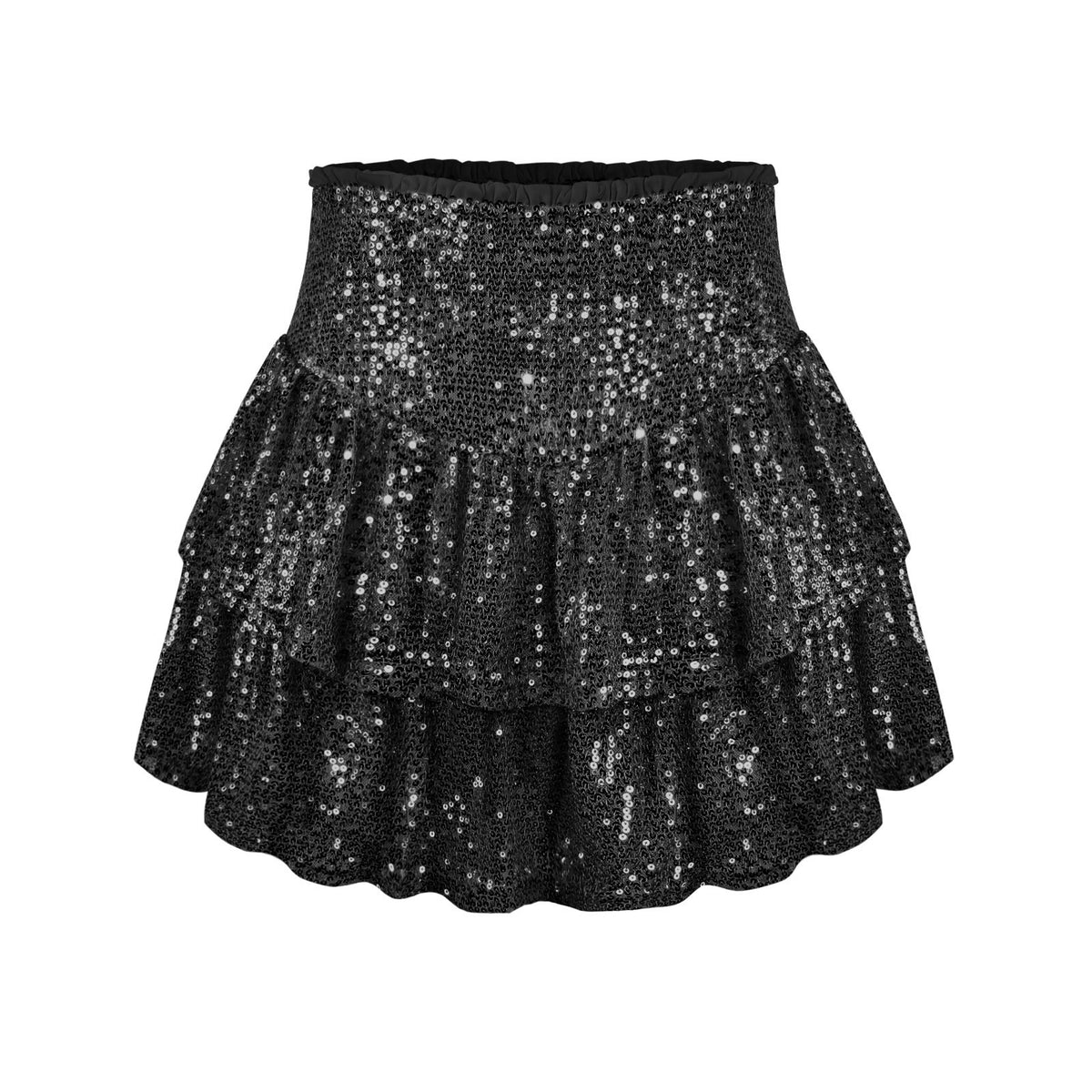 Sequin Tiered Ruffle Cheerleader Mini Skirt - black