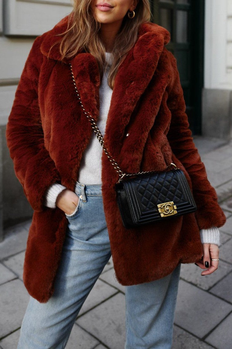 Notch Collar Faux Fur Midi Coat - Burgundy