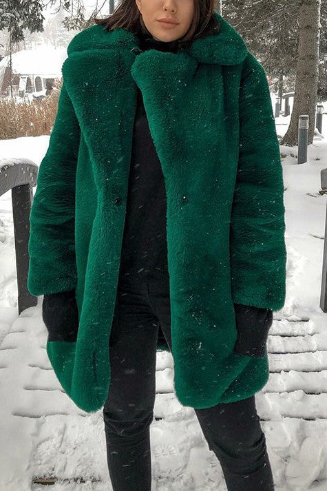 Notch Collar Faux Fur Midi Coat - Forest