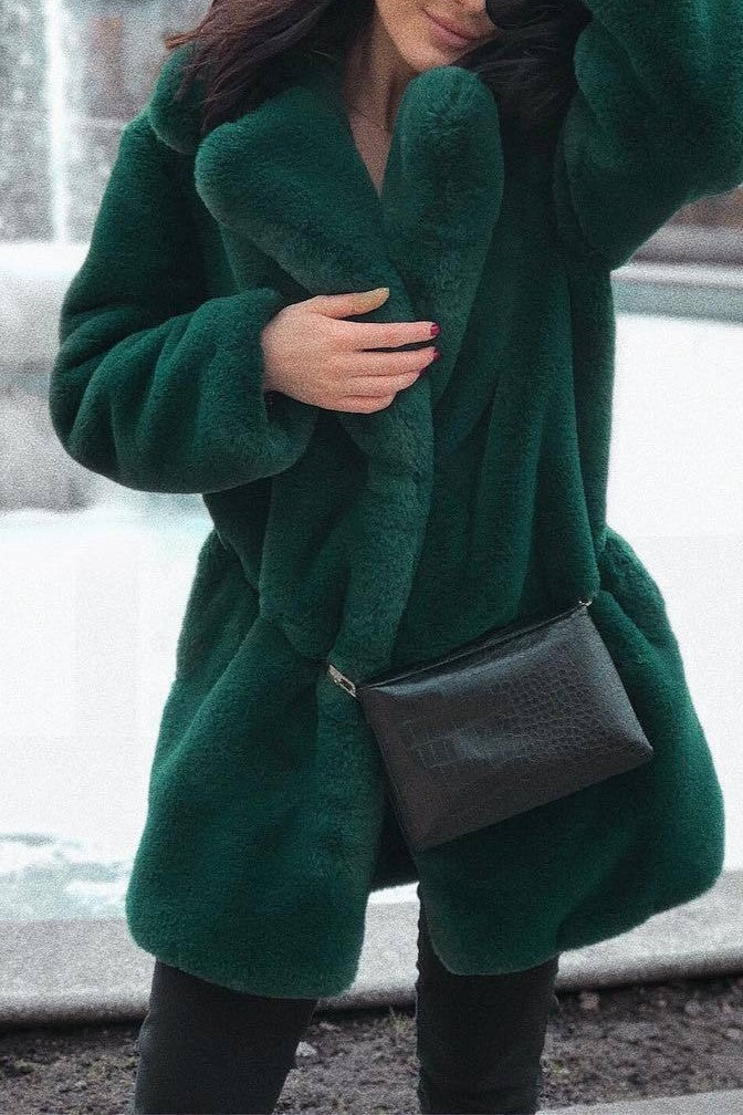 Notch Collar Faux Fur Midi Coat - Forest - 1