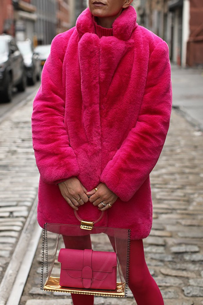 Notch Collar Faux Fur Midi Coat - Fuchsia - 1