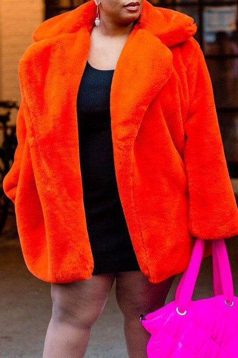 Notch Collar Faux Fur Midi Coat - Orange
