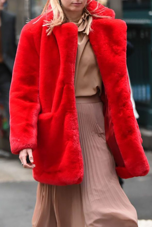 Notch Collar Faux Fur Midi Coat - Scarlet