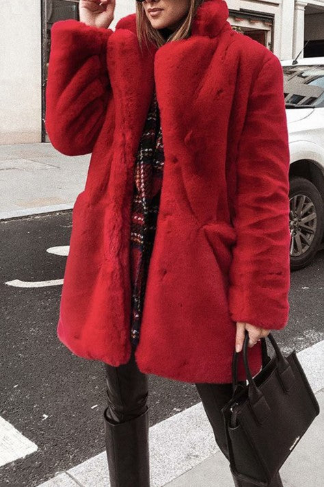 Notch Collar Faux Fur Midi Coat - Scarlet - 1