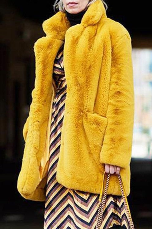 Notch Collar Faux Fur Midi Coat - Yellow