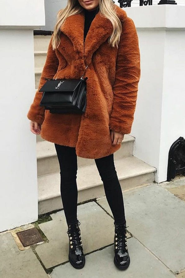 Notch Collar Faux Fur Midi Coat - brown