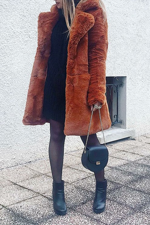 Notch Collar Faux Fur Midi Coat - brown - 1