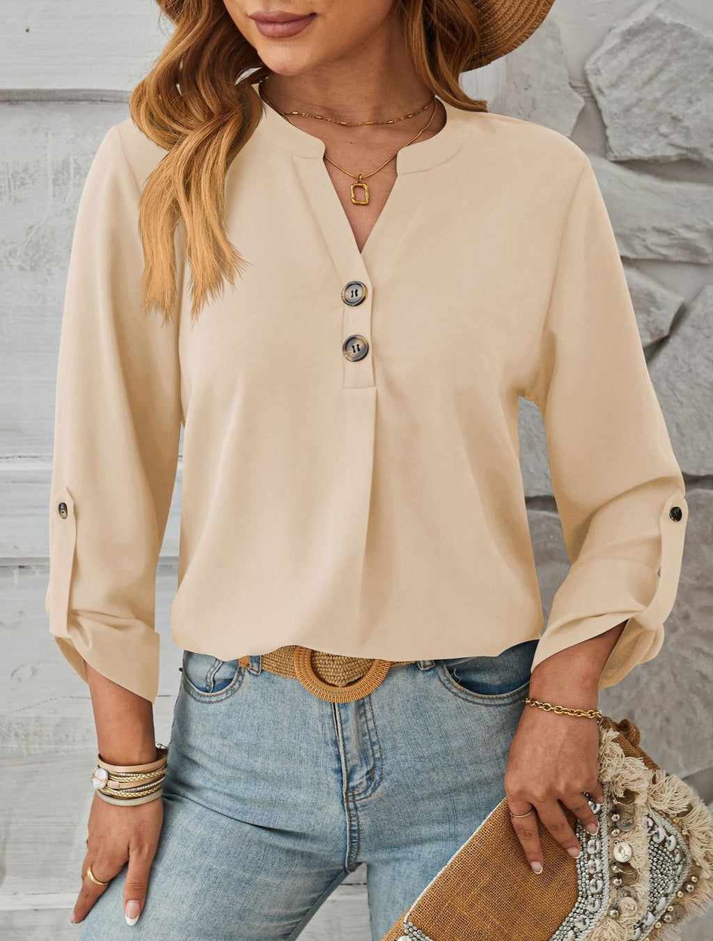 Roll Tab Sleeve Split Neck Popover Blouse - Apricot