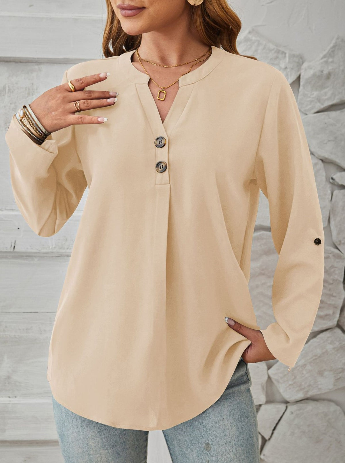 Roll Tab Sleeve Split Neck Popover Blouse - Apricot - 1