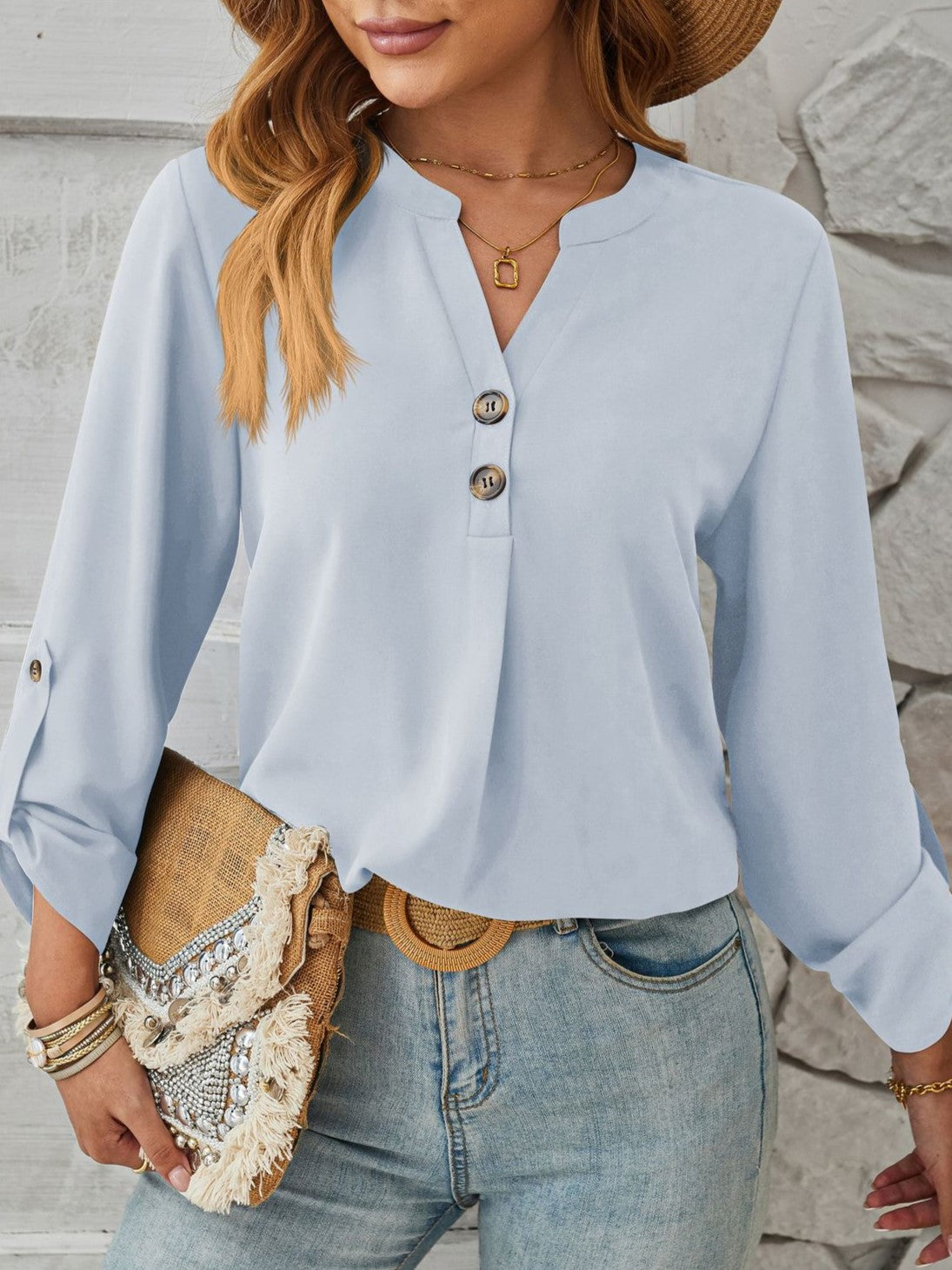 Roll Tab Sleeve Split Neck Popover Blouse - Blue