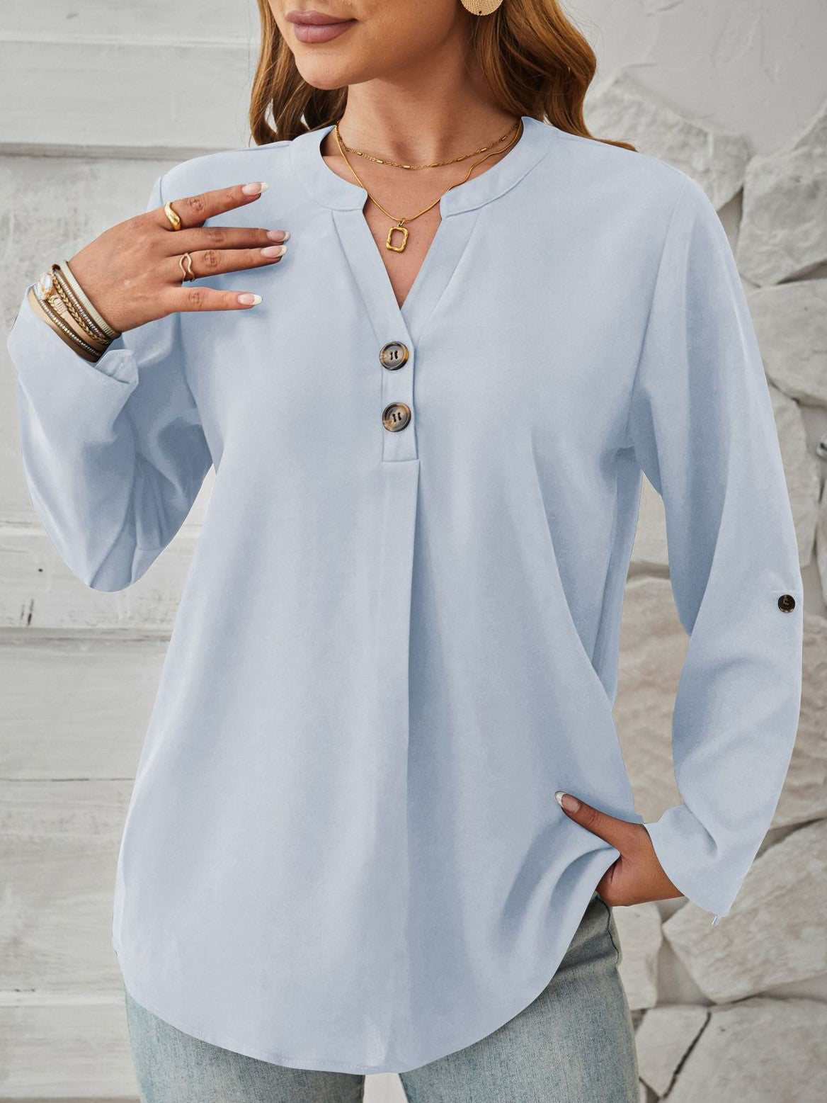Roll Tab Sleeve Split Neck Popover Blouse - Blue - 2