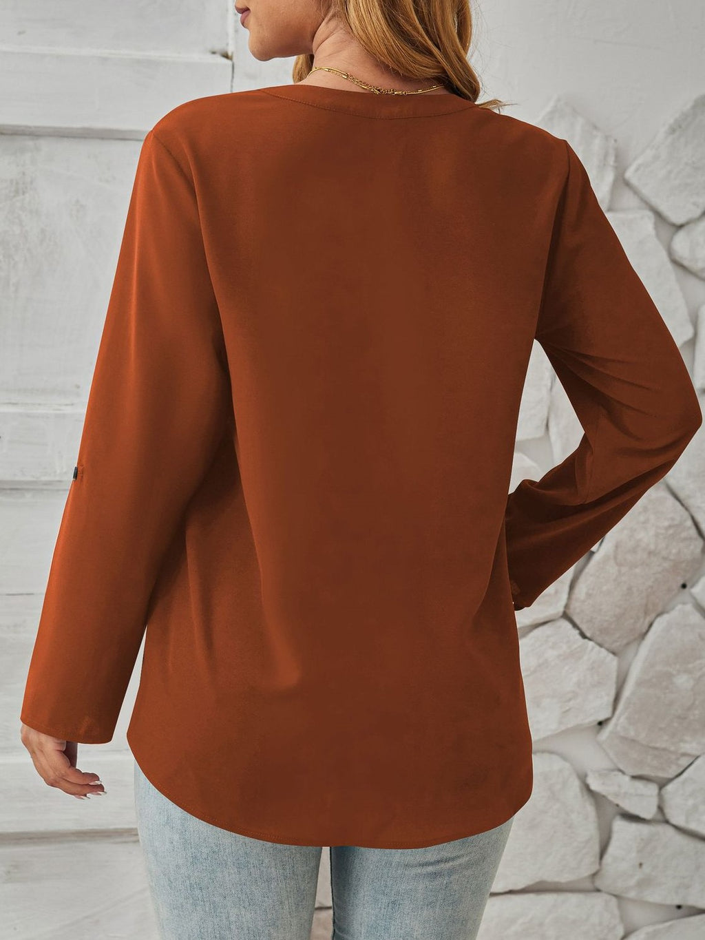 Roll Tab Sleeve Split Neck Popover Blouse - Brown - 1