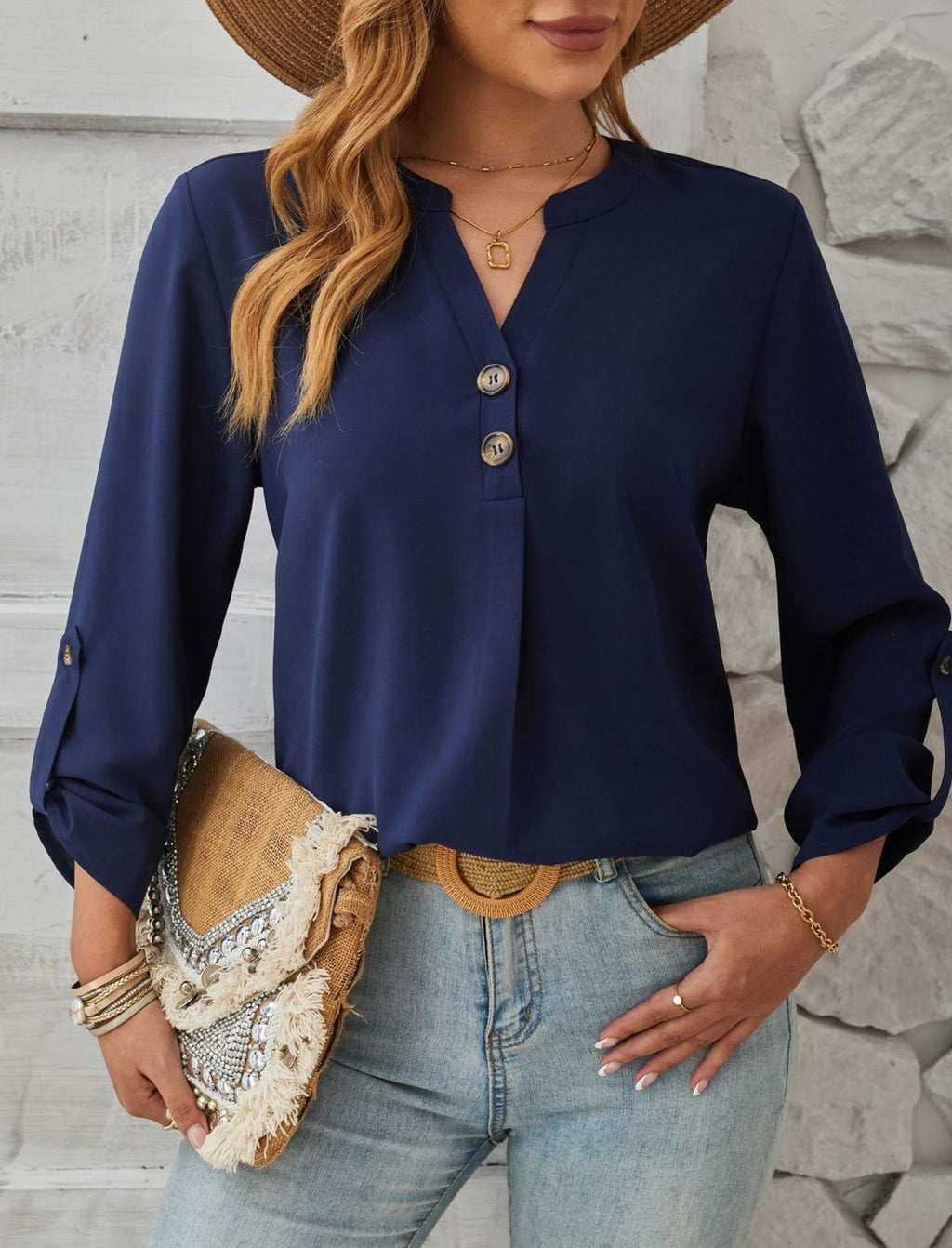 Roll Tab Sleeve Split Neck Popover Blouse - RoyalBlue