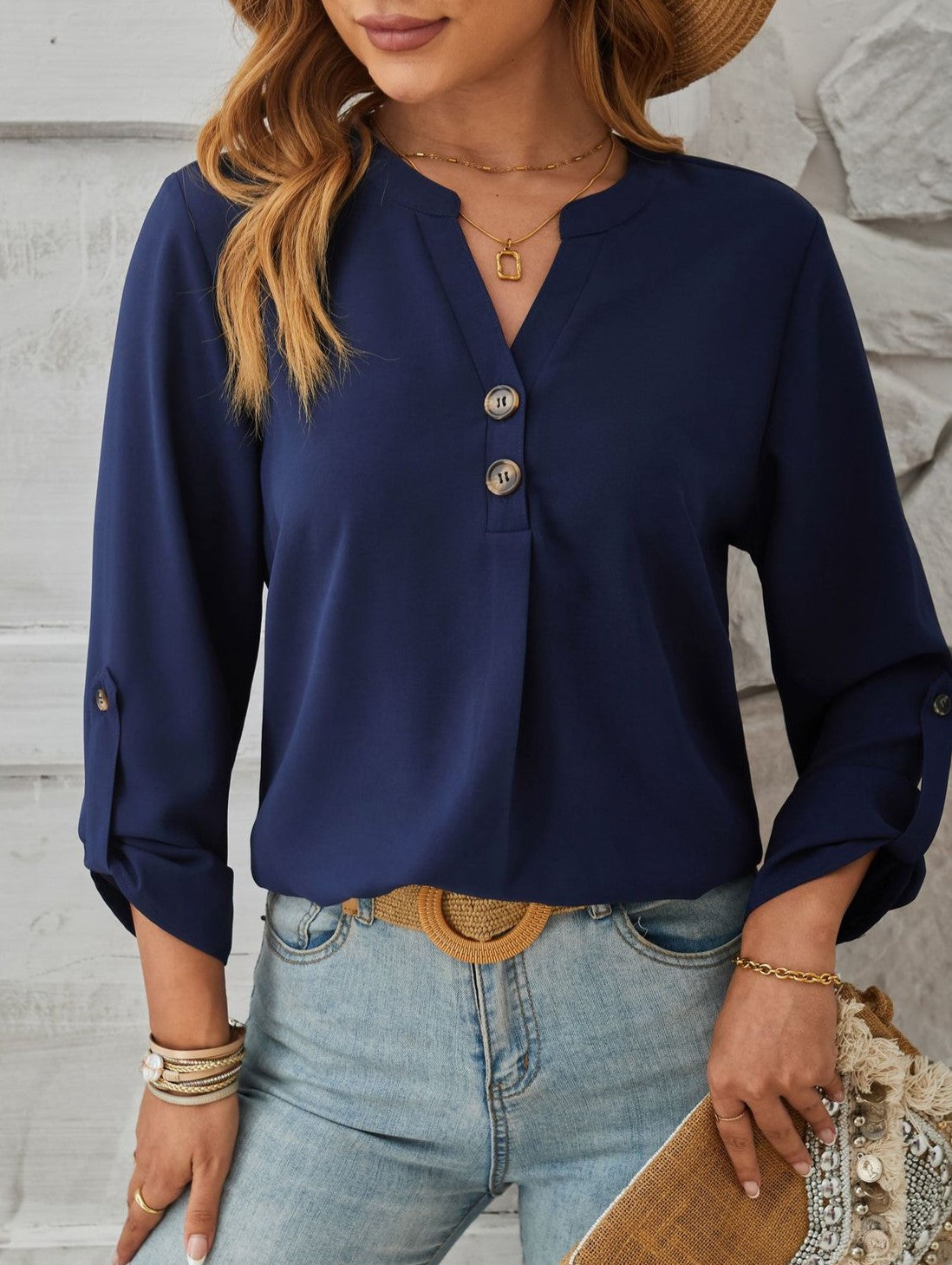 Roll Tab Sleeve Split Neck Popover Blouse - RoyalBlue - 1