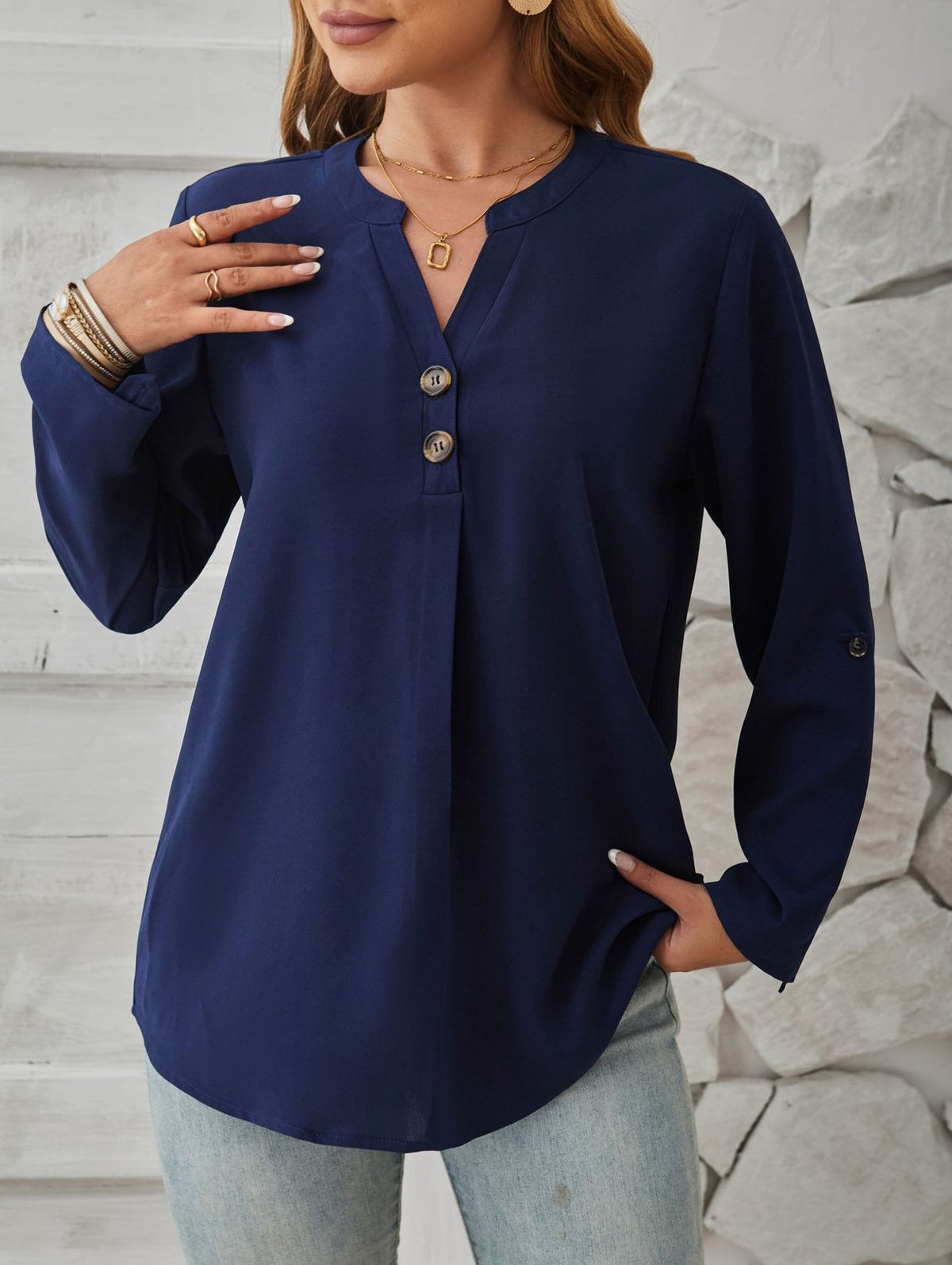 Roll Tab Sleeve Split Neck Popover Blouse - RoyalBlue - 2