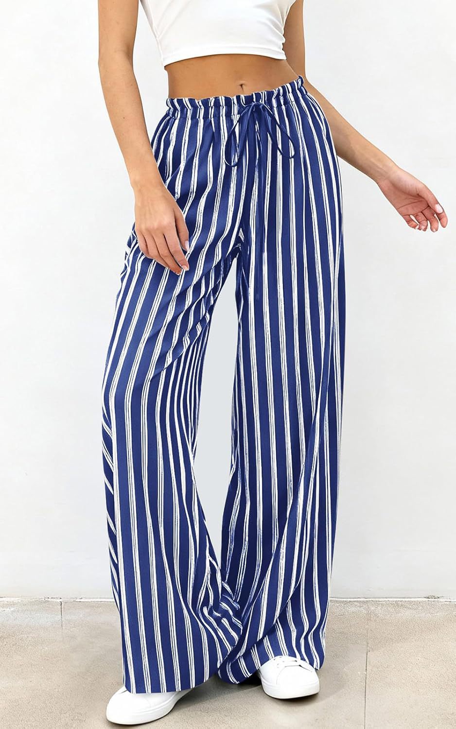 Bold Stripe Wide Leg Pants With Ruffle Waist - Blue - 3