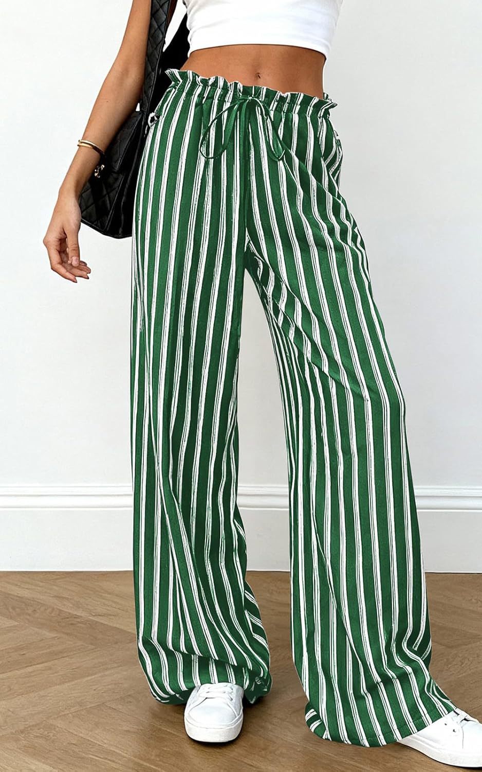 Bold Stripe Wide Leg Pants With Ruffle Waist - Green