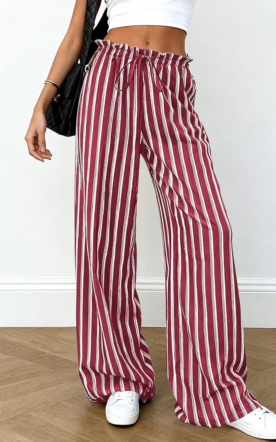 Bold Stripe Wide Leg Pants With Ruffle Waist - Red