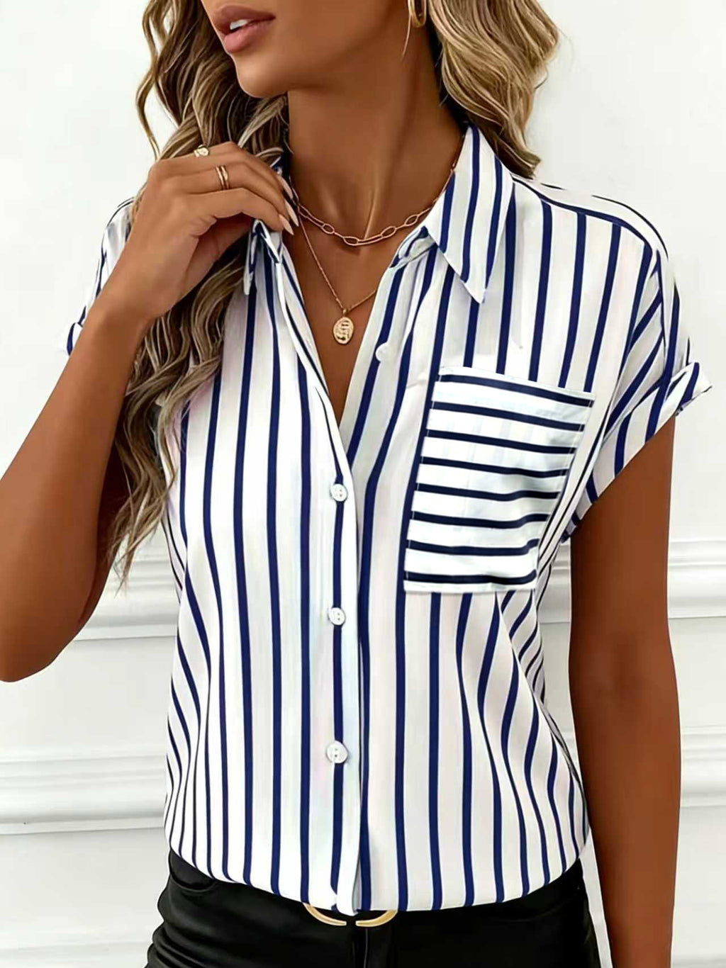 Striped Button Down Shirt With Chest Pocket - Navyblue