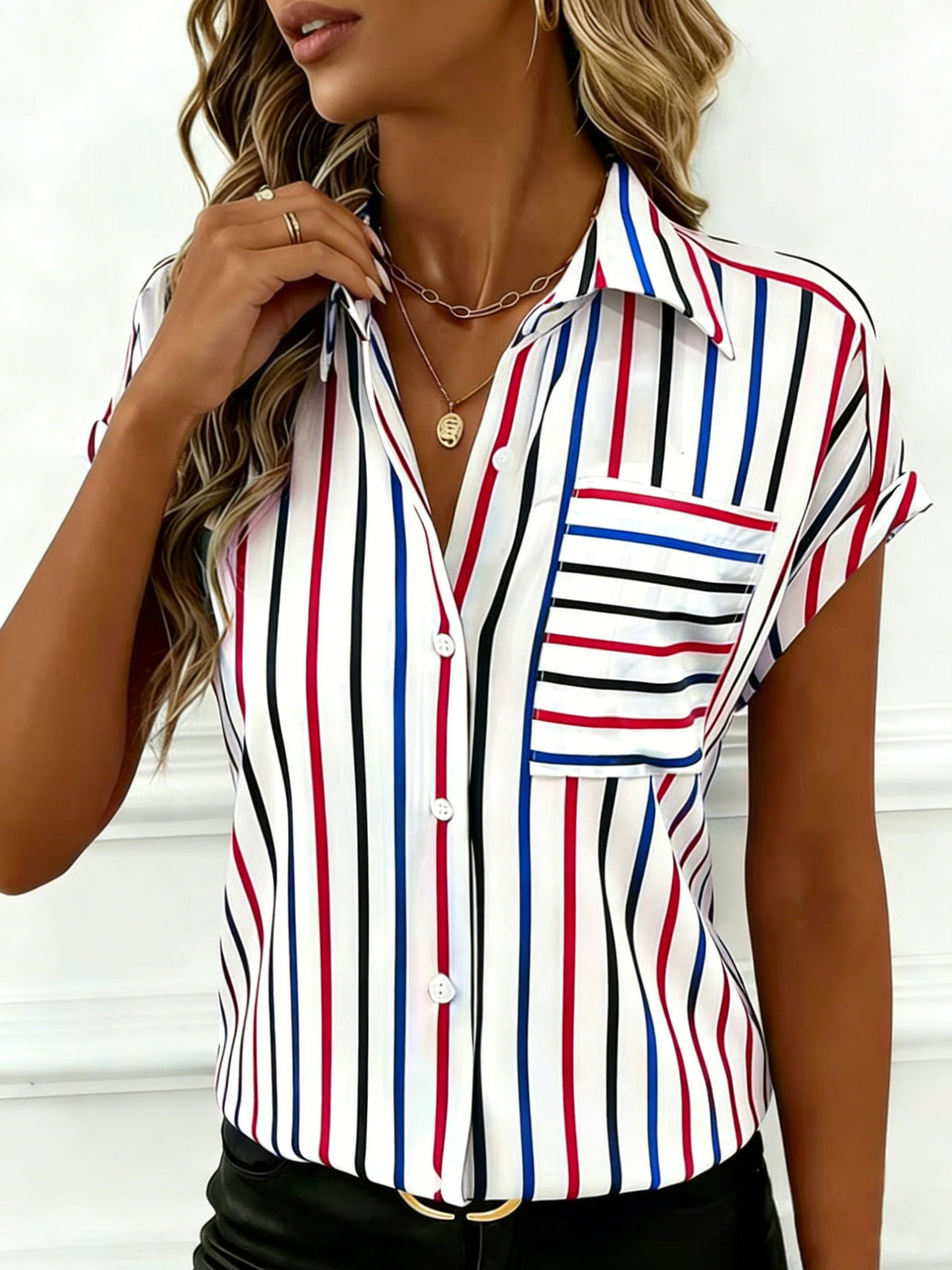 Striped Button Down Shirt With Chest Pocket - RedBlue