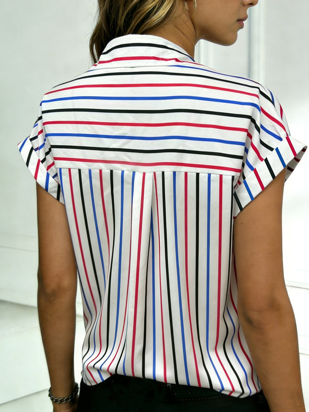 Striped Button Down Shirt With Chest Pocket - RedBlue - 1