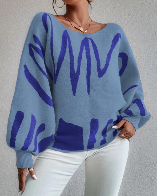 Abstract Brushstroke Balloon Sleeve Sweater - Blue