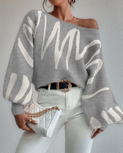 Abstract Brushstroke Balloon Sleeve Sweater - Grey