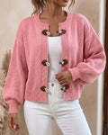 Ribbed Knit Cardigan With Horn Toggle Buttons - Pink