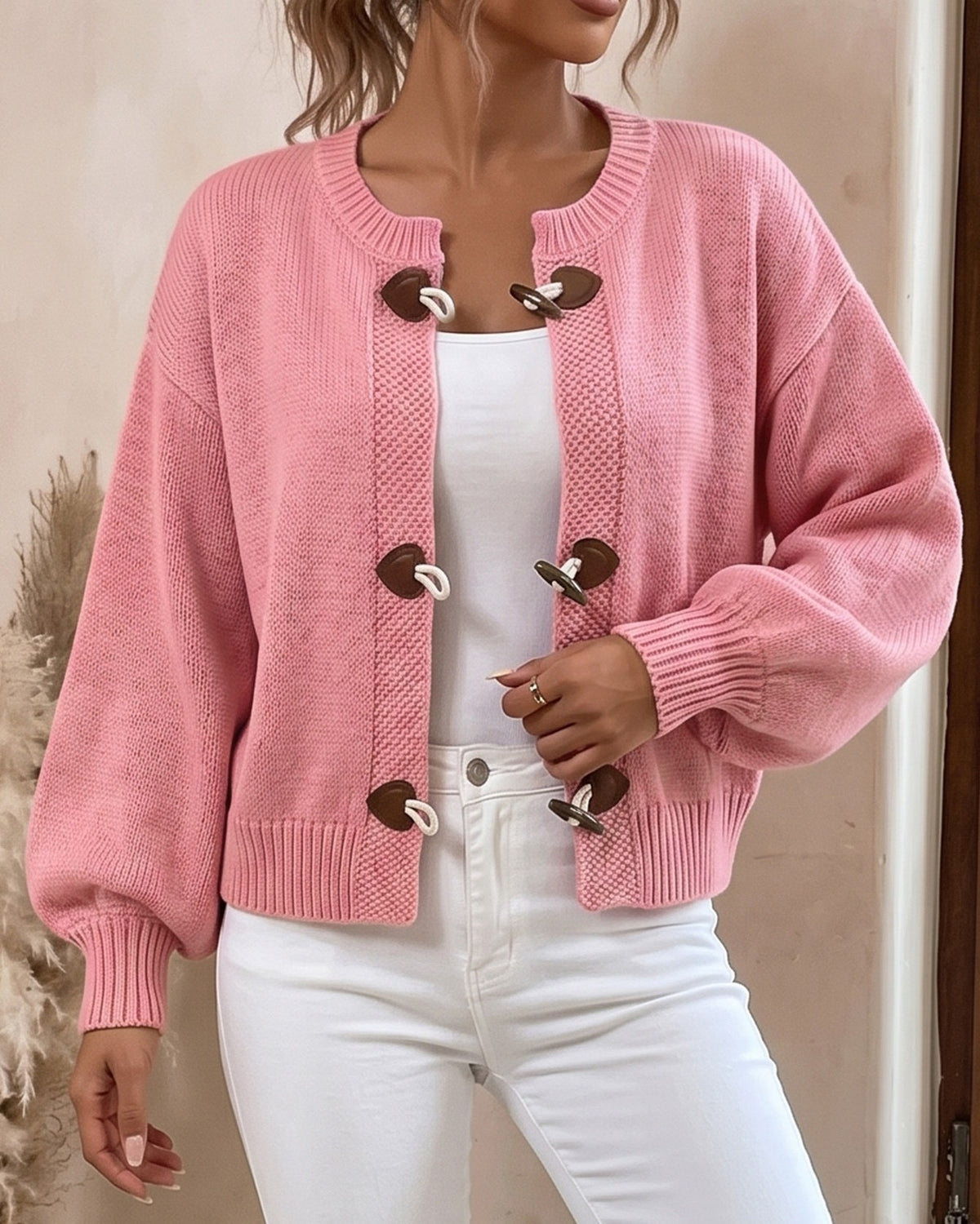 Ribbed Knit Cardigan With Horn Toggle Buttons - Pink