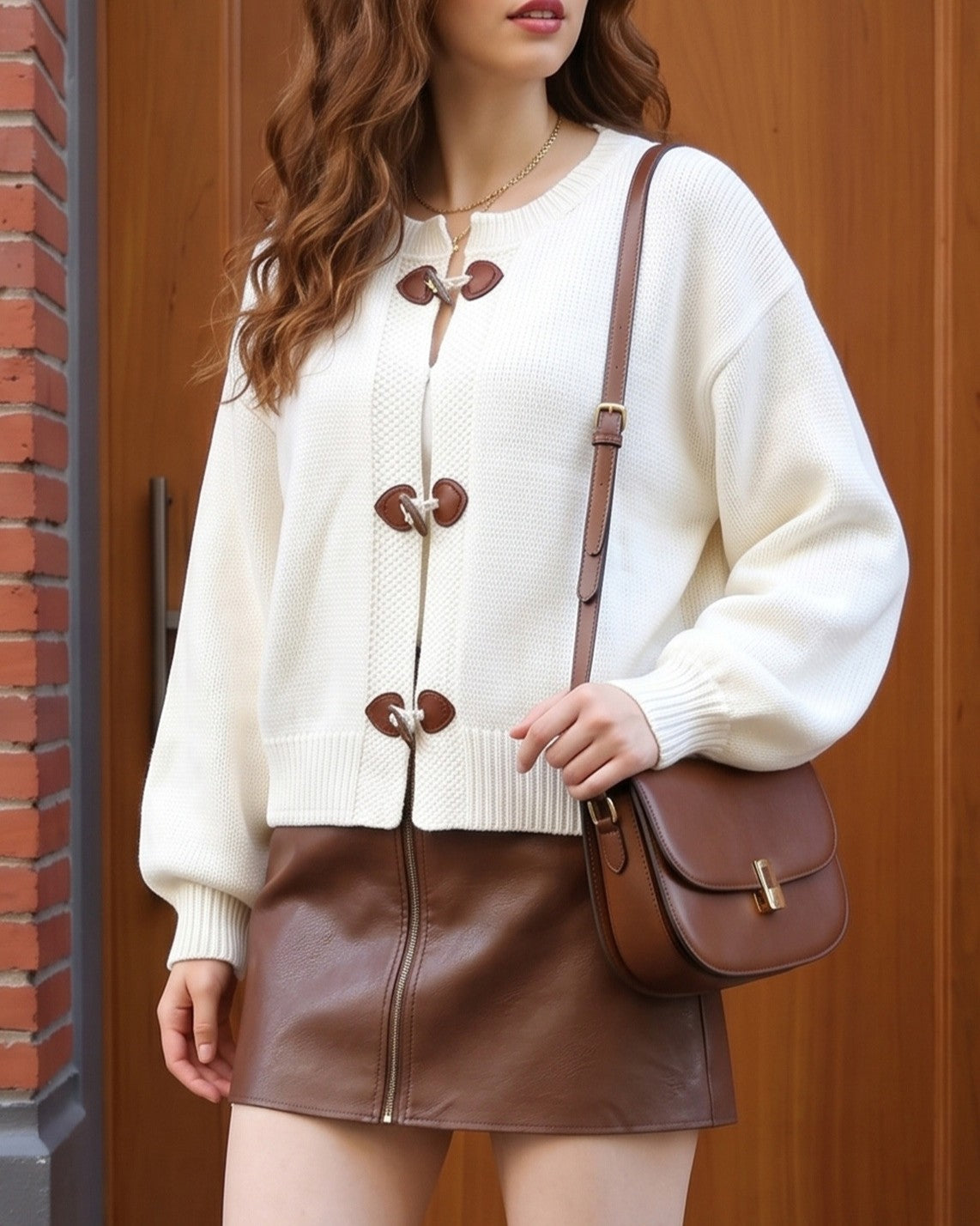 Ribbed Knit Cardigan With Horn Toggle Buttons - White