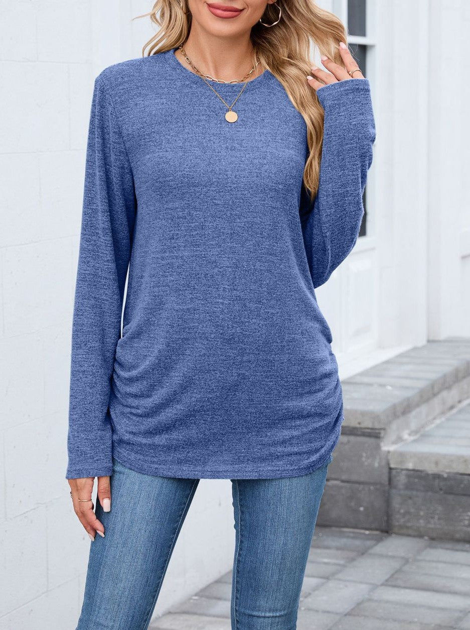 Side Ruched Curved Hem Long Sleeve Top - Blue