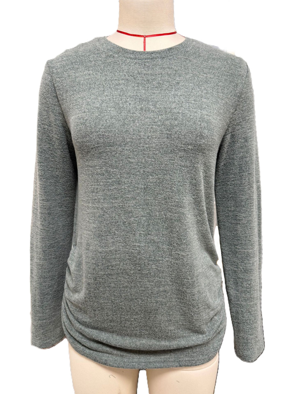 Side Ruched Curved Hem Long Sleeve Top - Green